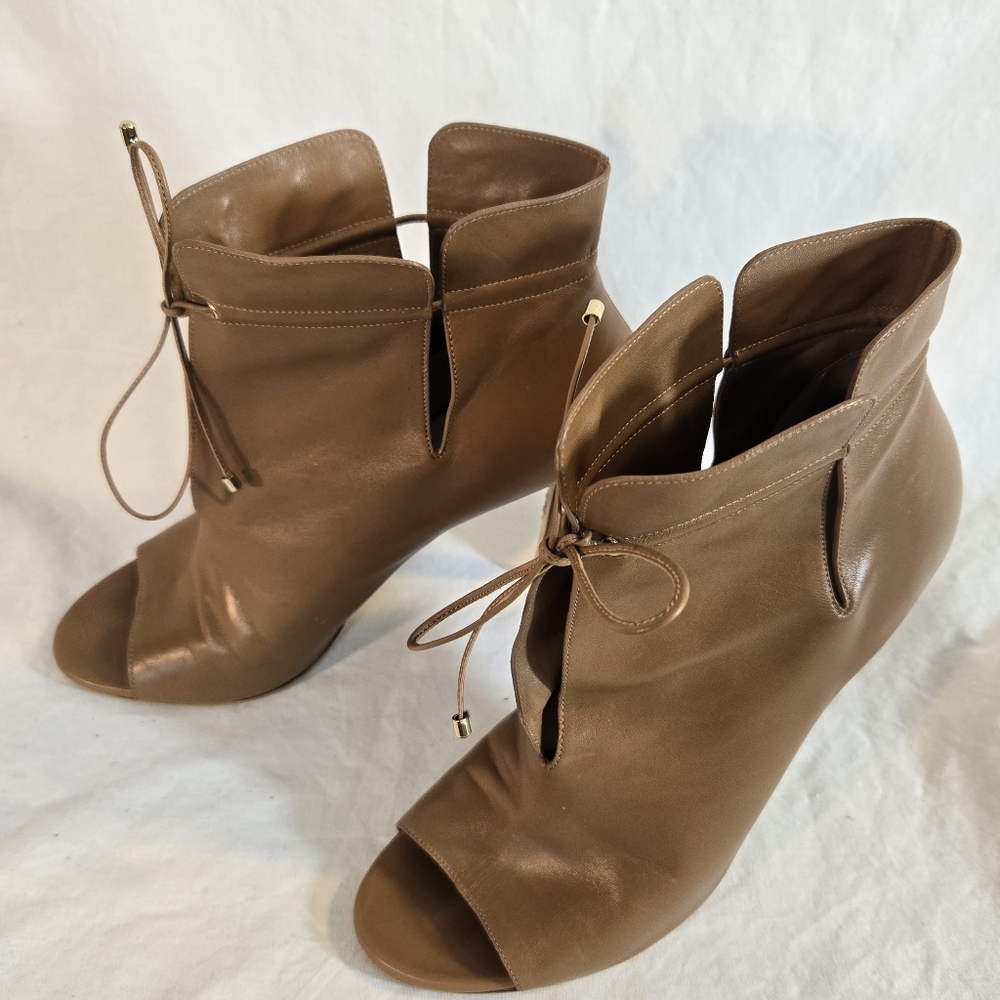 Jimmy Choo Women's 39.5 Brown Leather Memphis Tie Up Open Toe Ankle Booties